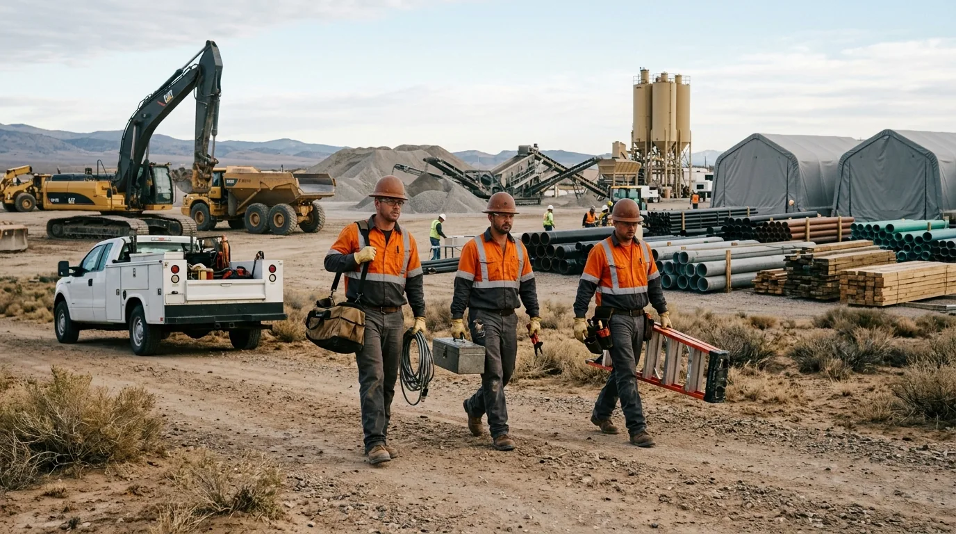 A crew of electricians carrying tools across an outdoor industrial yard beside a plain white work truck