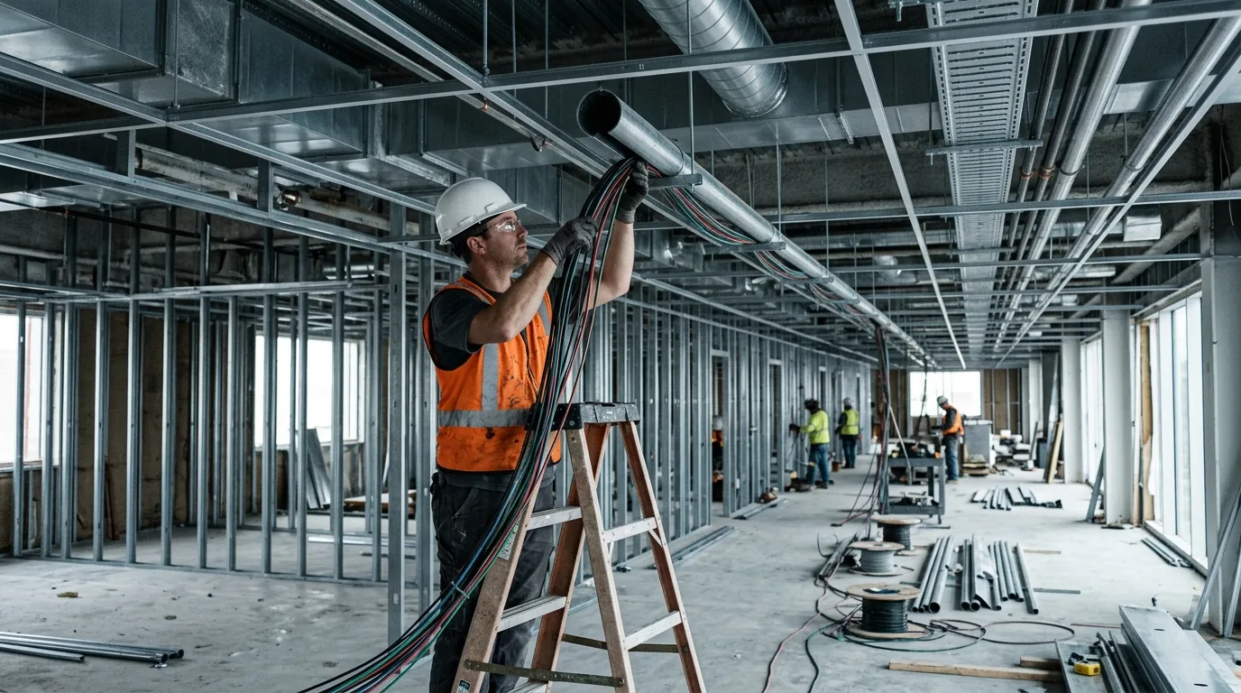 An electrician on a ladder running cable through overhead structure in a commercial building being fitted out