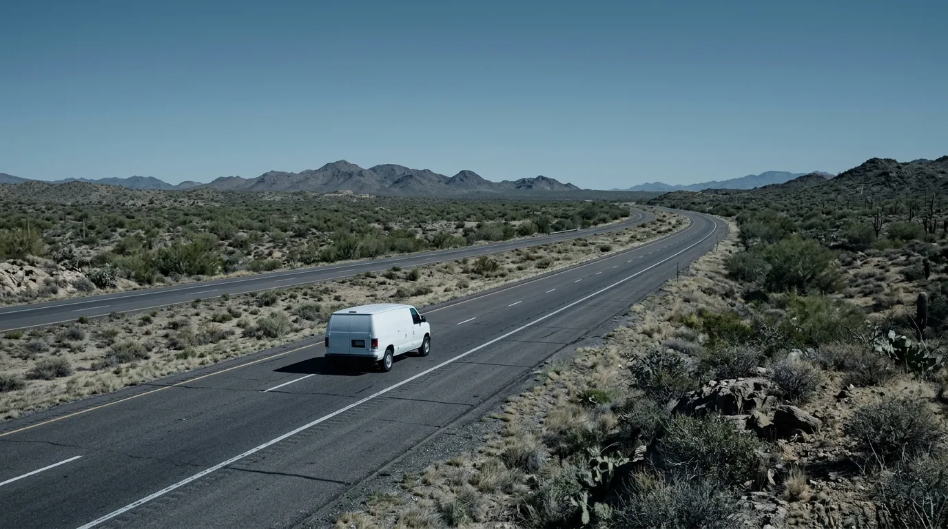 A plain white work van travelling along a desert highway with low mountains in the distance