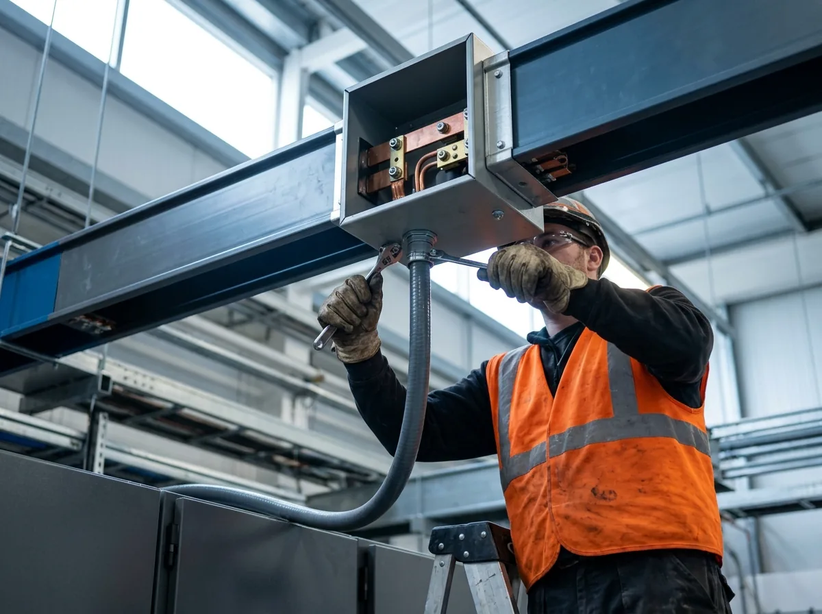 Gloved hands connecting a busway tap-off box above equipment cabinets