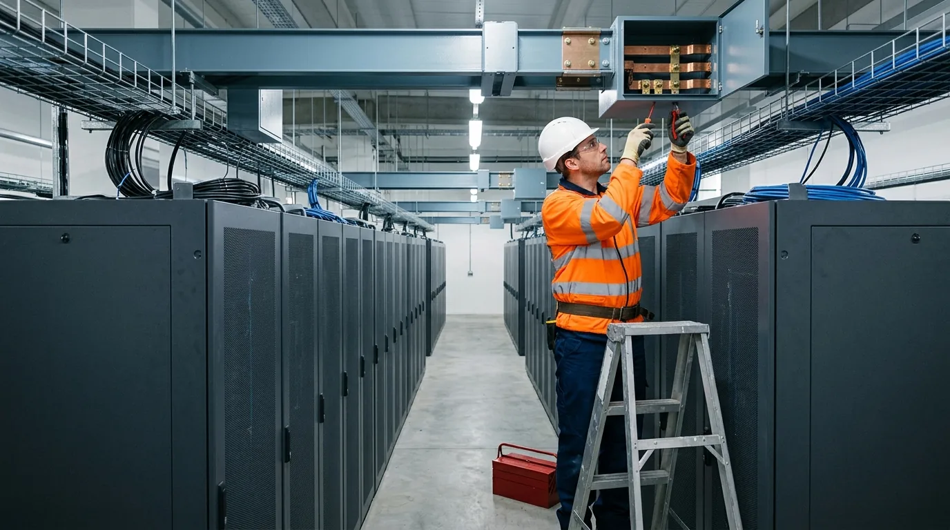 An electrician working at overhead busway above a row of equipment cabinets in a data centre aisle