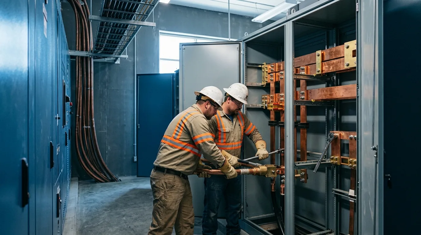 Two workers in protective equipment checking connections on copper busbar in an electrical room