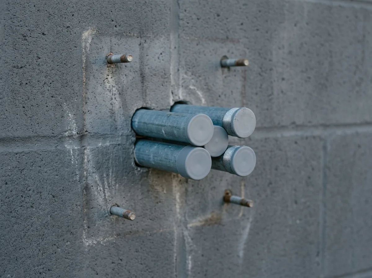 Cleanly cut and capped conduit stubs left in a block wall after equipment was removed