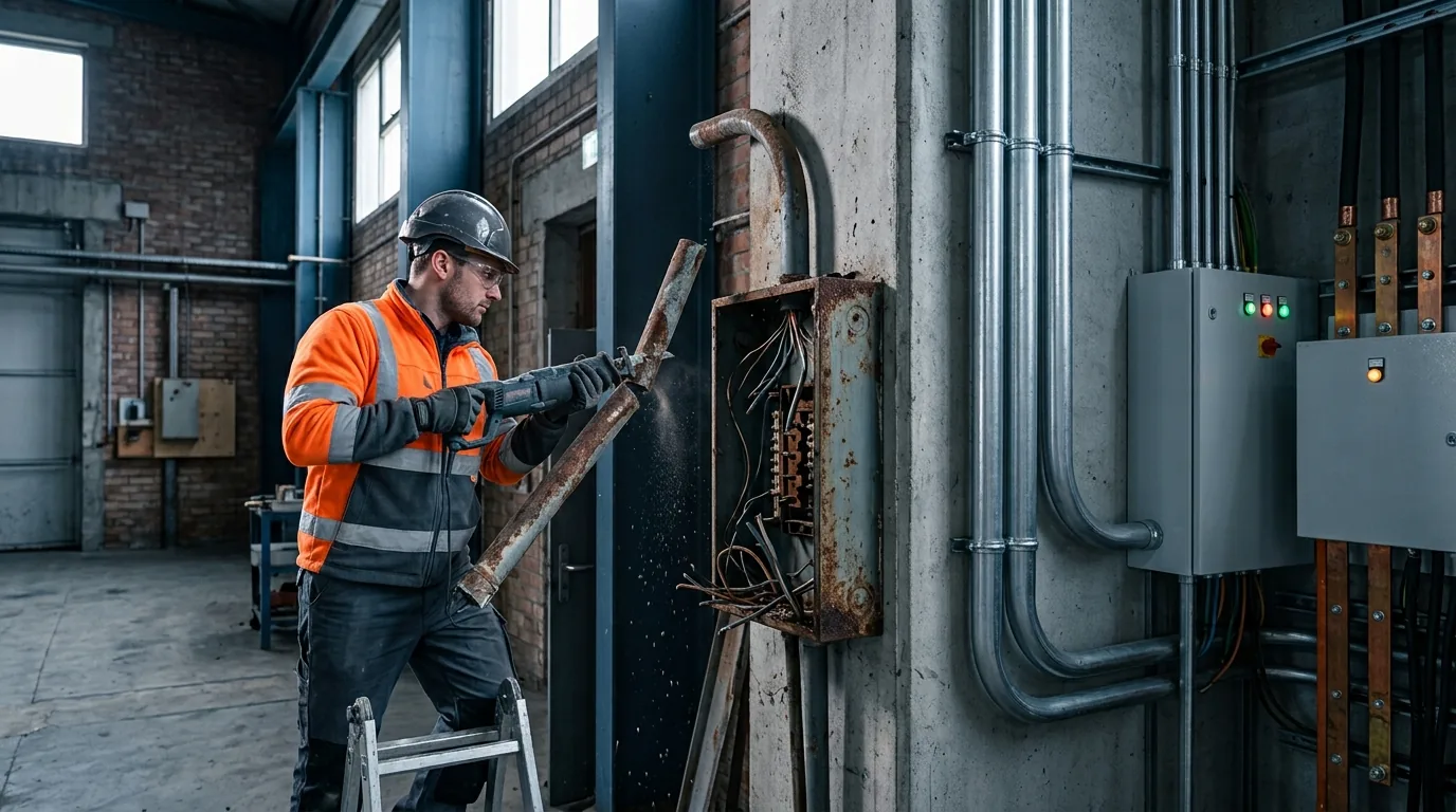 An electrician removing an abandoned run of old conduit and a disused panel from a wall while modern equipment beside it stays in service