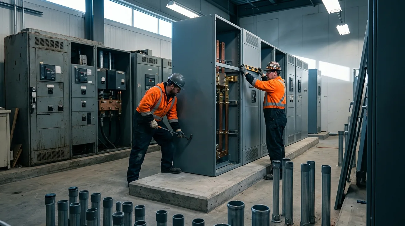 Two workers setting and aligning new grey switchgear sections in an electrical room during an upgrade