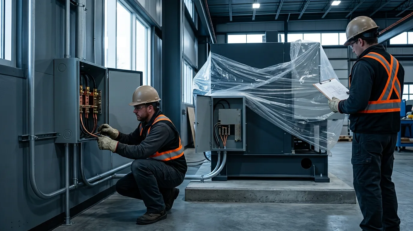 An electrician in protective equipment taking a reading inside an open distribution panel