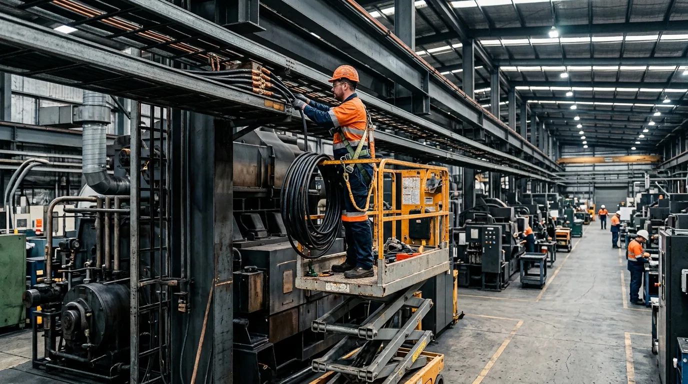 An electrician working at height from a lift beside production machinery on a plant floor
