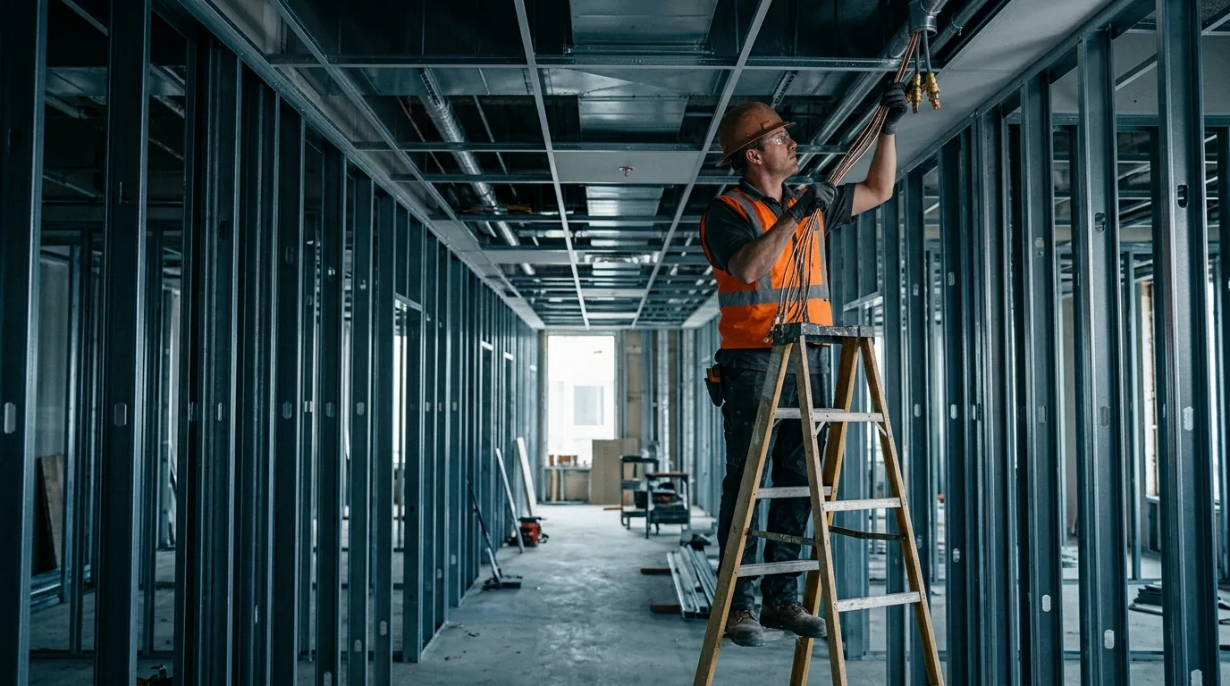 Electrical rough-in in a building under construction, with conduit and boxes set into open metal stud framing