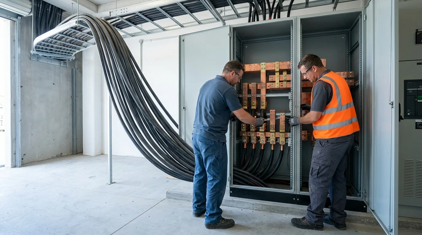 Two electricians landing heavy main feeder conductors into a large distribution switchboard