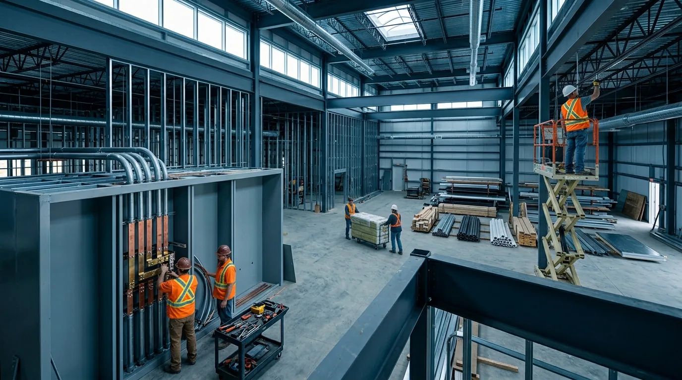 Wide view of an industrial building interior under construction with several tradespeople working