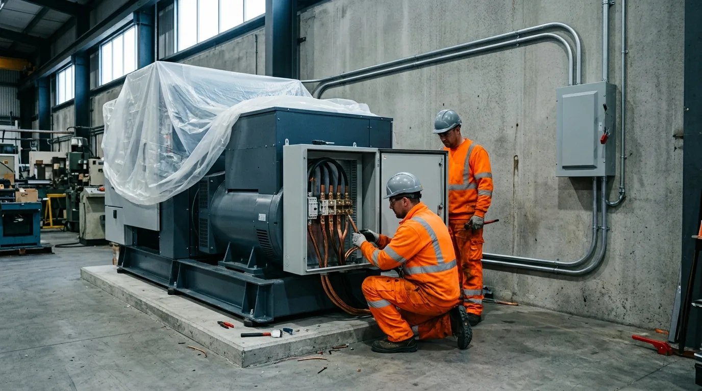 Electricians connecting power to a large new production machine still partly wrapped in protective plastic